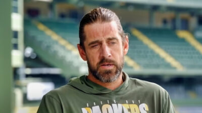 Aaron Rodgers in Packers gear during interview