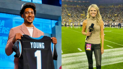 Bryce Young holding Panthers jersey. Melissa Stark holding mic while on field