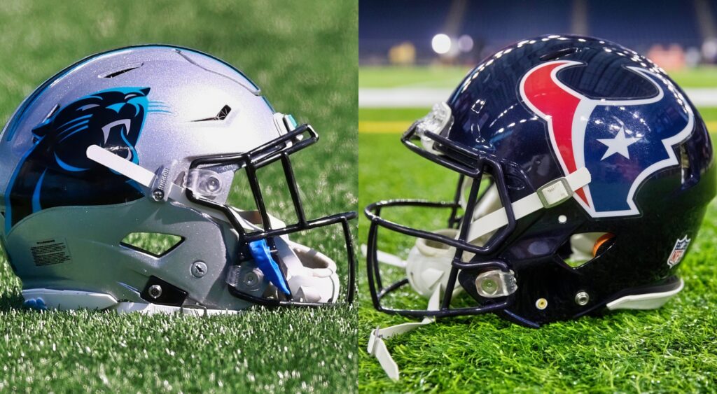 Split image of a Carolina Panthers helmet and a Houston Texans helmet.