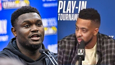 Zion Williamson in hoodie speaking to reporters. CJ McCollum speaking to reporters.