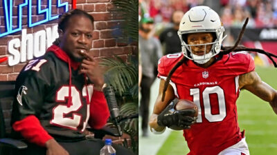 Pacman jones in jersey on podcast show. DeAndre Hopkins in Cardinals uniform running with ball
