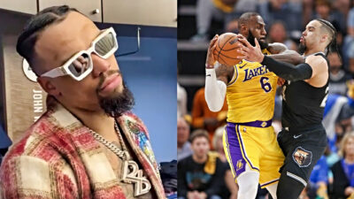 Dillon Brooks in sunglasses with chains on. Lebron and Dillon Brooks on court