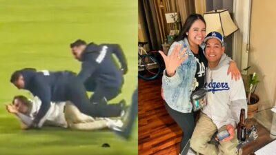 Dodgers fan tackled. Dodgers man and woman posing