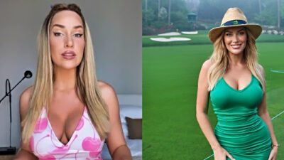 Paige Spiranac in pink and green dress