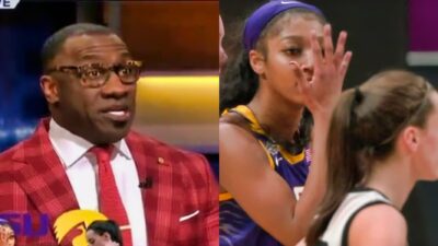 Shannon Sharpe in red suit. Angel Clark making gesture to Caitlyn Clark