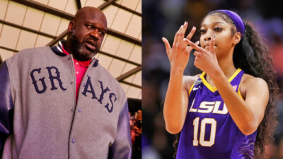 Shaq in gray jacket. Angel Reese pointing to finger