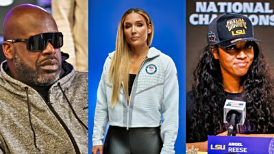 Shaq in black glasses. Lolo Jones posing in Olympic gear. Ange Reese at podium