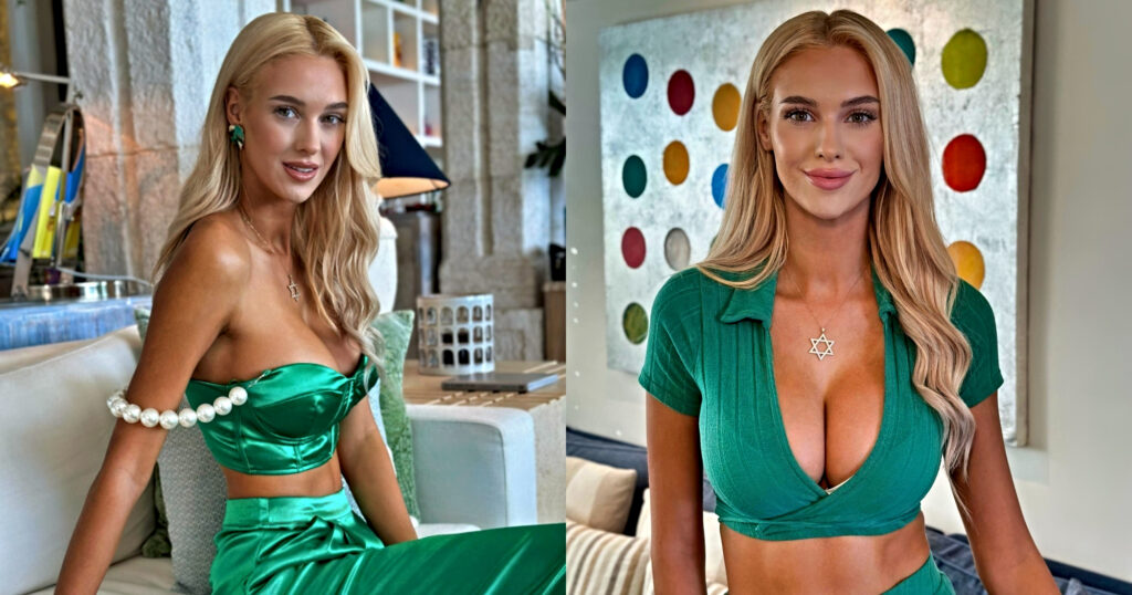 veronika rajek posing in green out fit in both pictures