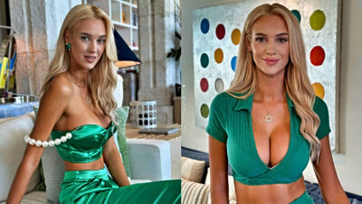 veronika rajek posing in green out fit in both pictures