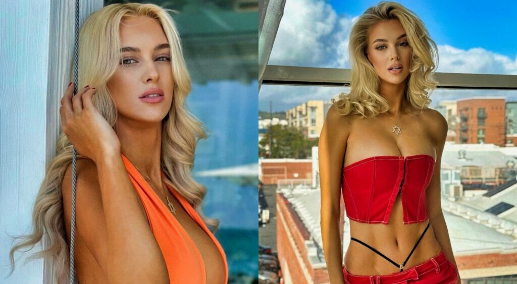Split image of Veronika Rajek posing in a bikini and in a red outfit.
