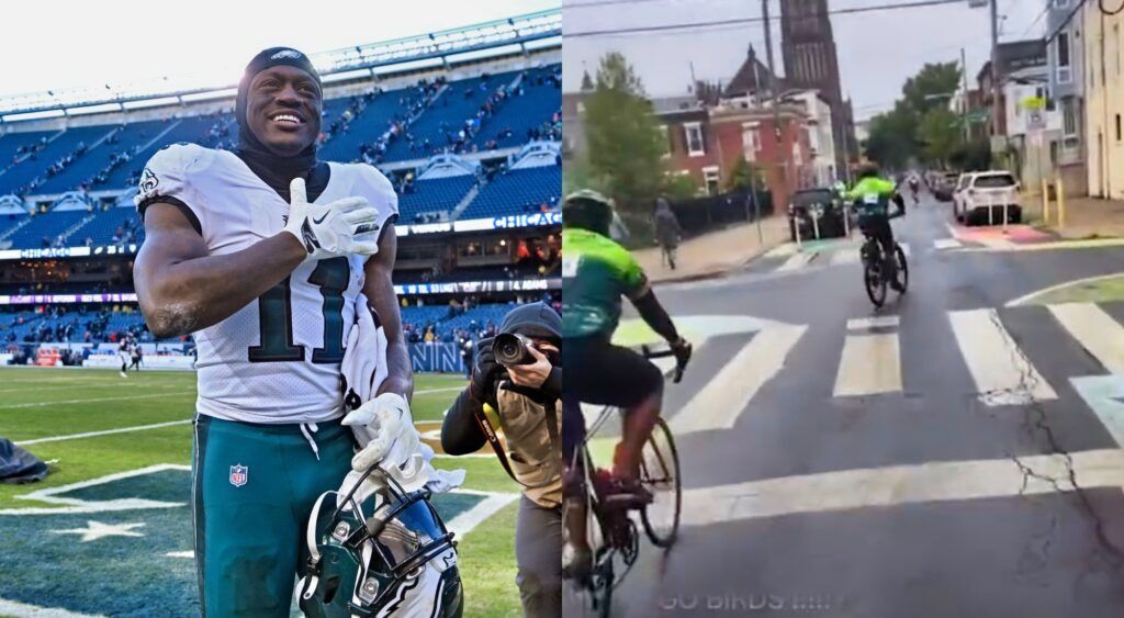Split photo of AJ Brown on the field without his helmet and a couple bike riders in the street.
