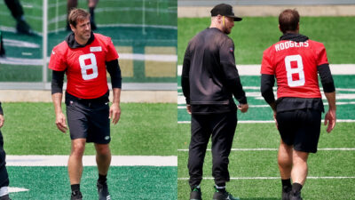 Photos of Aaron Rodgers in Jets training
