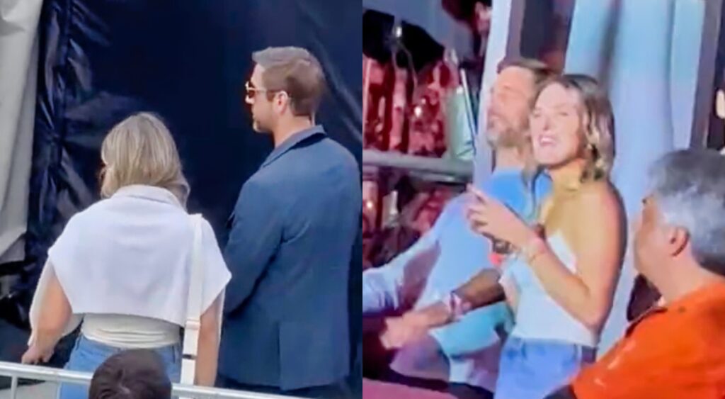 Split image of Aaron Rodgers on a date with mystery blonde at Taylor Swift concert.