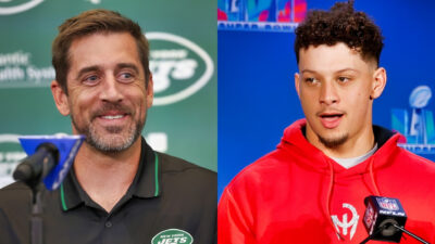 Photo of Aaron Rodgers at press conference and phto of Patrick Mahomes speaking into a mic