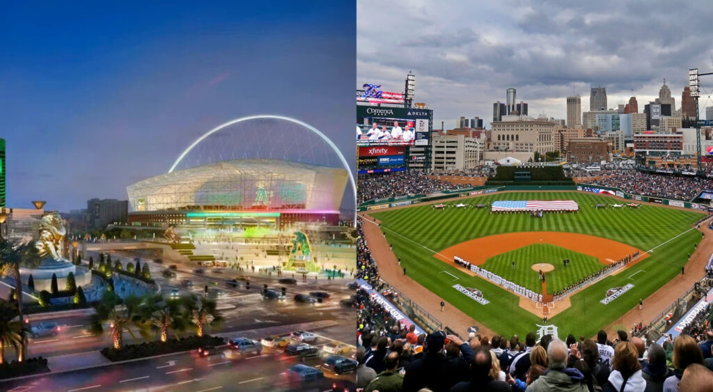 Photo of Athletics Vegas ballpark renderings and photo of current Athletics ballpark