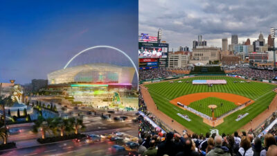 Photo of Athletics Vegas ballpark renderings and photo of current Athletics ballpark