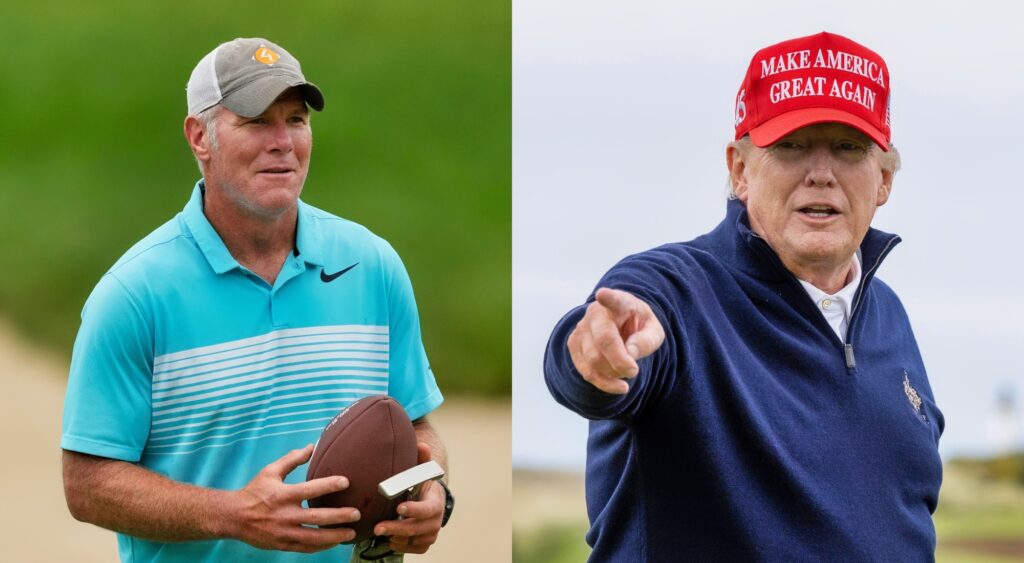 Split image of Brett Favre holding a football and Donald Trump pointing on a golf course.