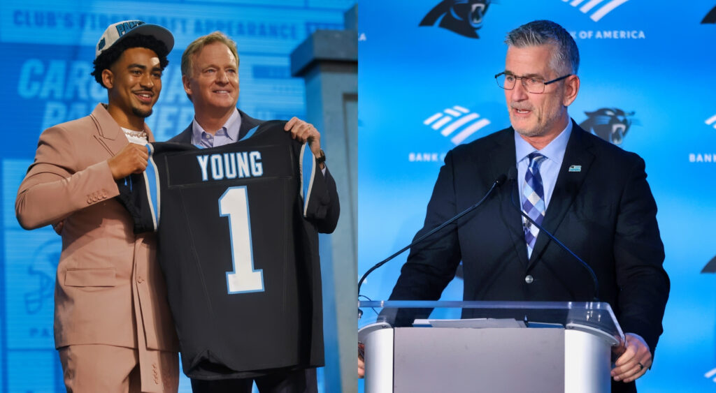 Photo of Bryce Young holding up a Panthers jersey with Roger Goodell and photo of Panthers coach Frank Reich speaking on podium