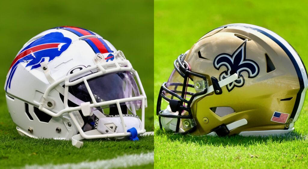 Split image of a Bills helmet on the field and a Saints helmet on the field.