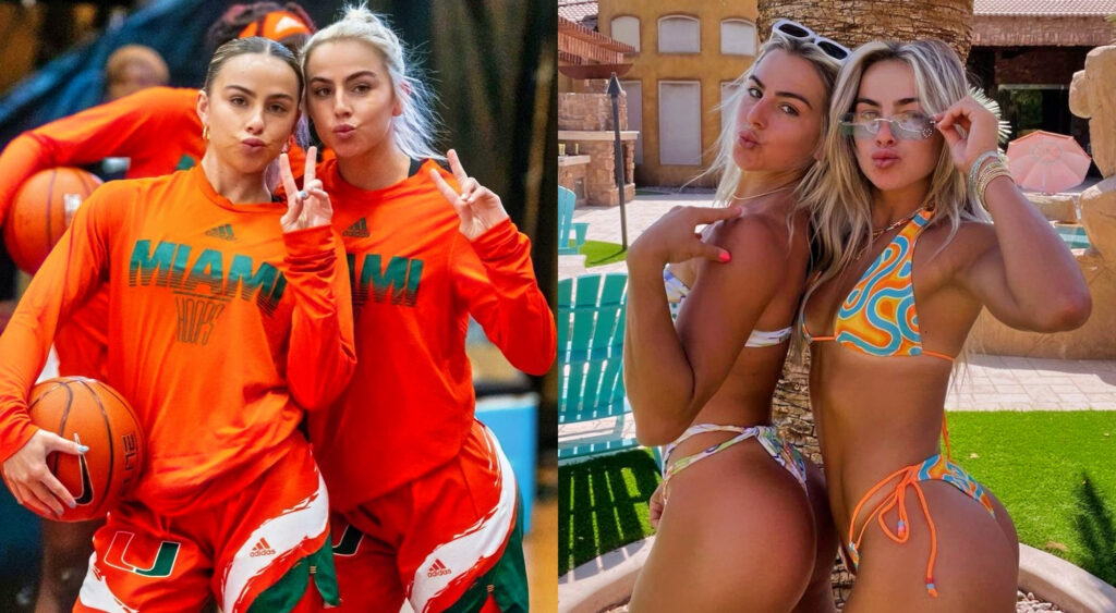 Photo of Cavinder Twins in Hurricanes gear and photo od Cavinder Twins in bikinis
