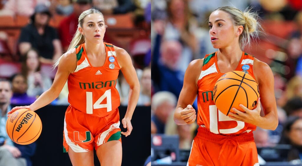 Solit image of Haley Cavinder and Hanna Cavinder with the ball during a Miami basketball game.