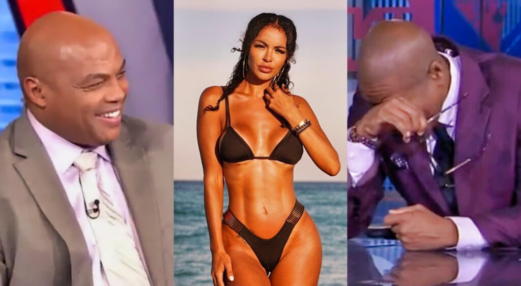 Photo of Charles Barkley laughing, photo of Aline Bernades in bikini and photo of Kenny Smith hiding his face