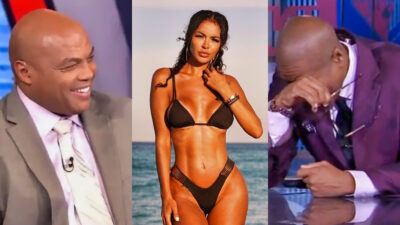 Photo of Charles Barkley laughing, photo of Aline Bernades in bikini and photo of Kenny Smith hiding his face