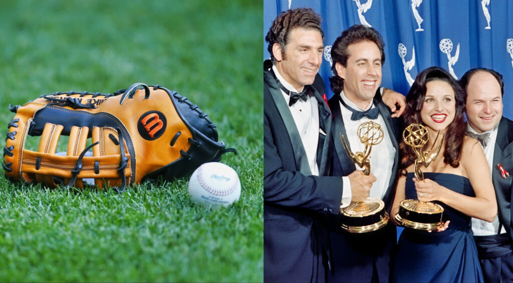 A baseball glove and baseball shown on a field (left). Seinfeld cast holding up Emmys (right).
