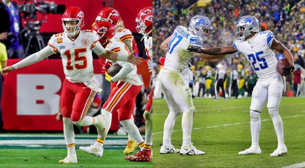 Patrick Mahomes and Kansas City Chiefs players celebrating (left). Detroit Lions players celebrating (right).