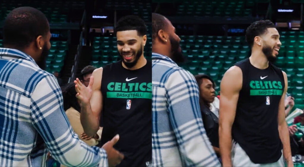 Dallas Cowboys' star Micah Parsons meeting with Boston Celtics' star Jayston Tatum (left). Tatum and Parsons smiling (right).