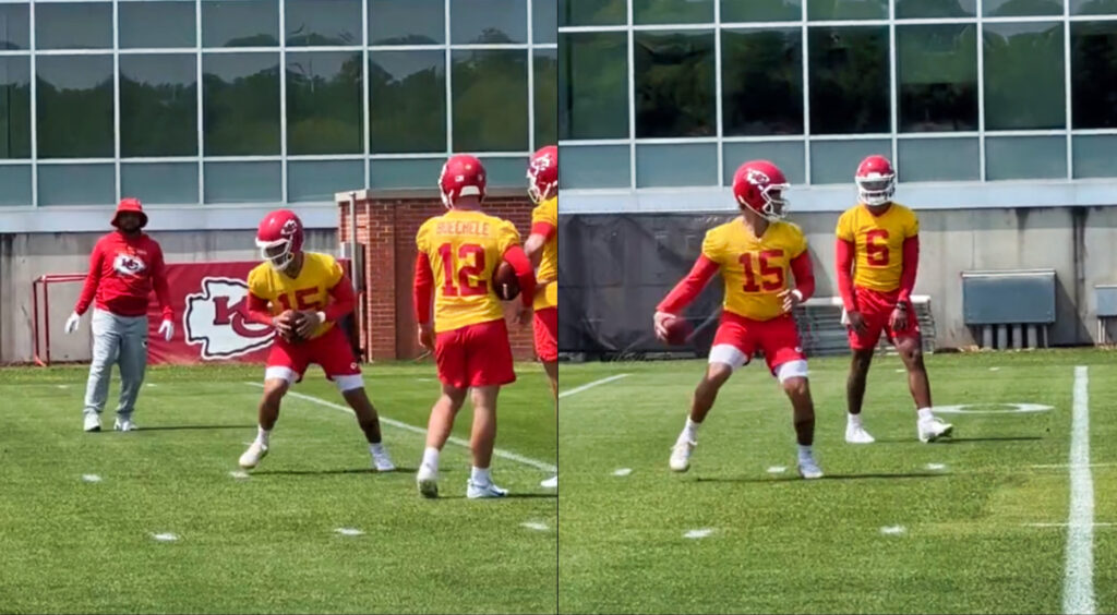 Kansas City Chiefs' quarterback Patrick Mahomes running with football (left). Mahomes attempting behind-the-back pass (right).