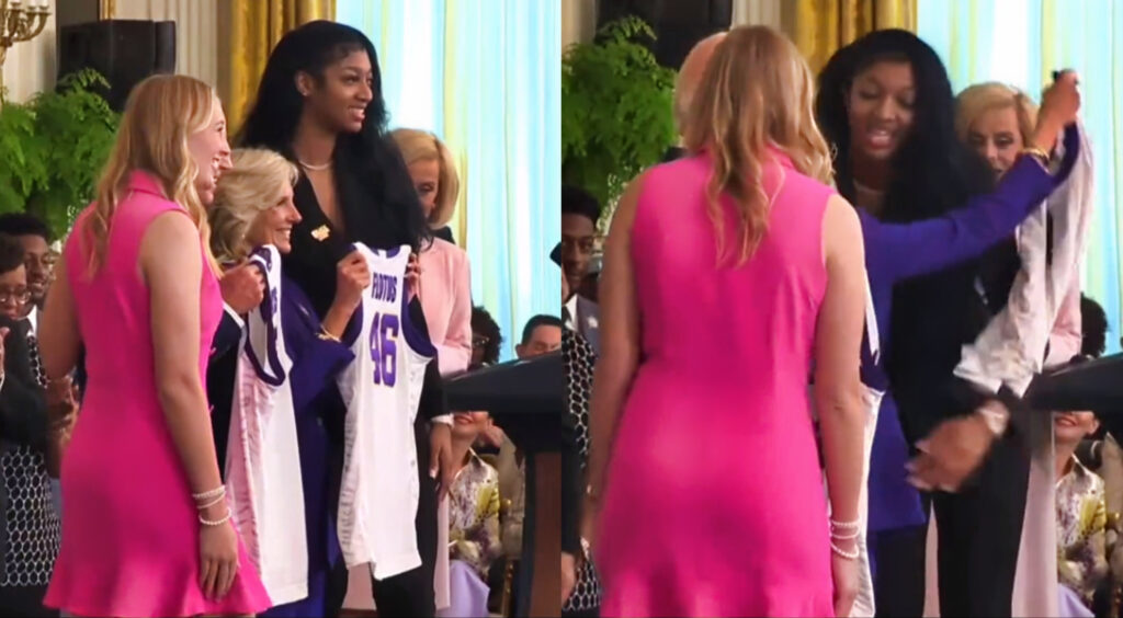 LSU Tigers' women's basketball team at White House (left). Angel Reese hugging First Lady Jill Biden.