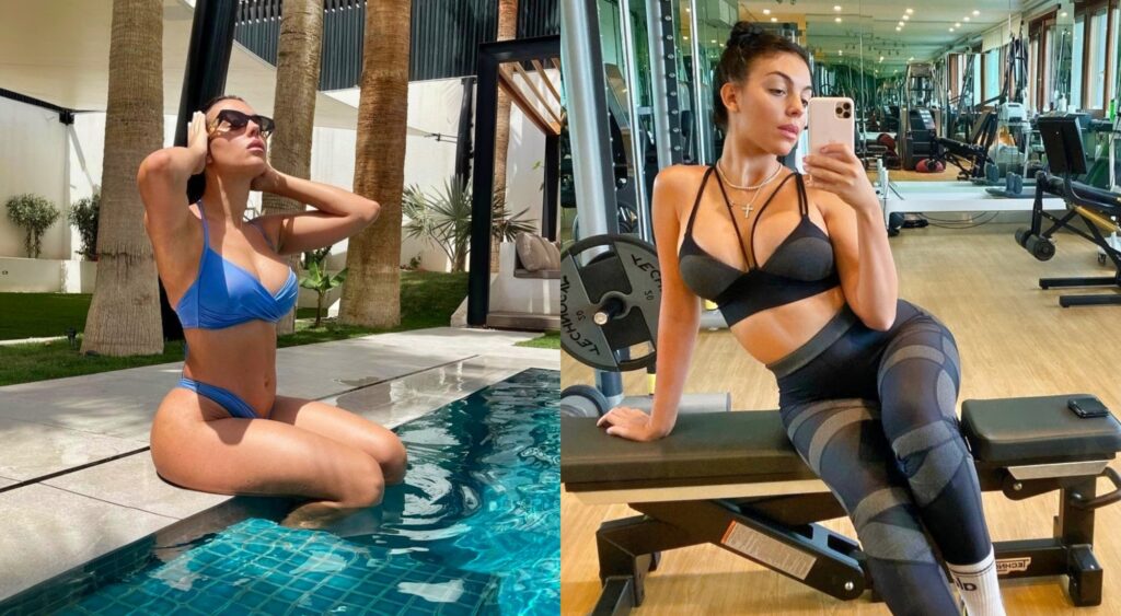 Split image of Georgina Rodriguez posing by a pool and Georgina after a workout.