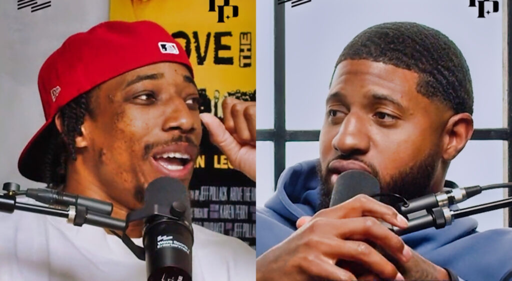 Photos of DeMar DeRozan and Paul George speaking during a podcast