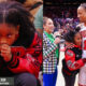 Photo of Diar DeRozan with a fist to her mouth and photo of DeMar DeRozan getting interviewed while holding his daughter Diar DeRozan