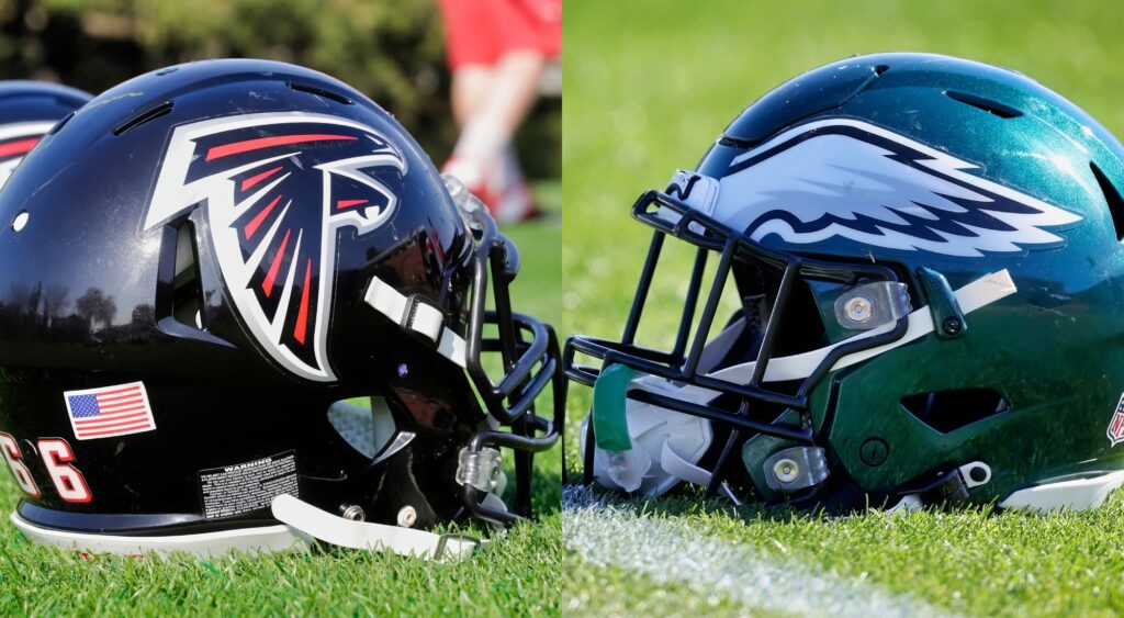 Split image of a Falcons helmet and an Eagles helmet facing each other.