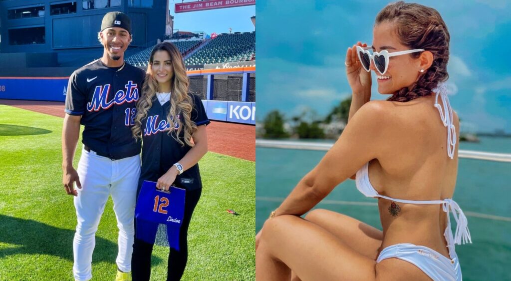 Split image of Francisco Lindor and his wife, and Francisco's wife on a boat.
