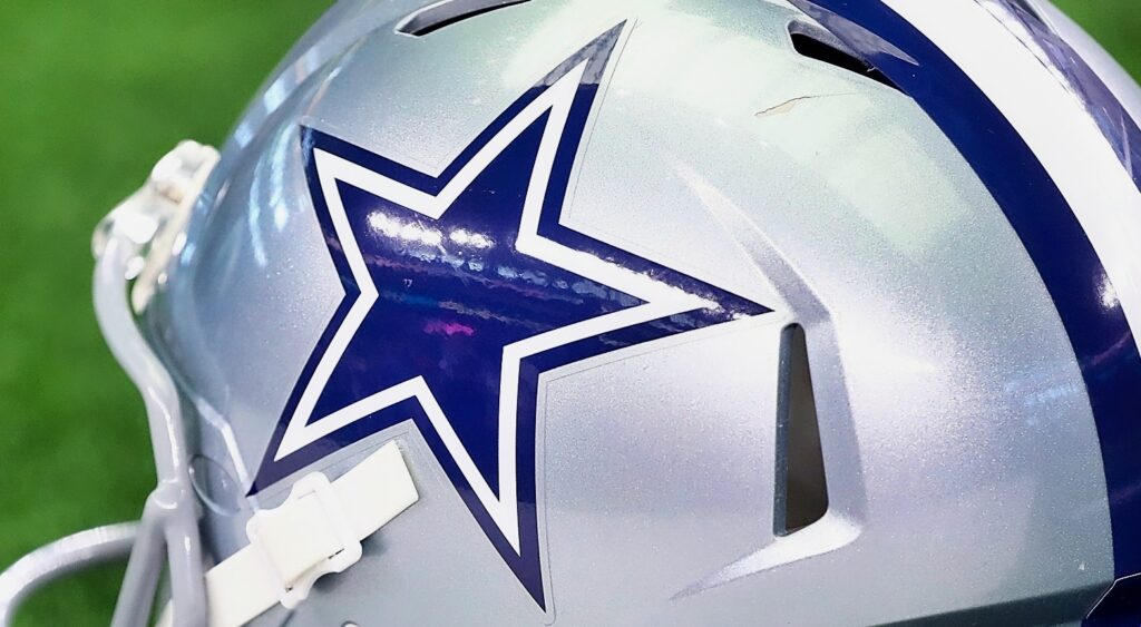 A closeup of the Dallas Cowboys logo on a helmet.