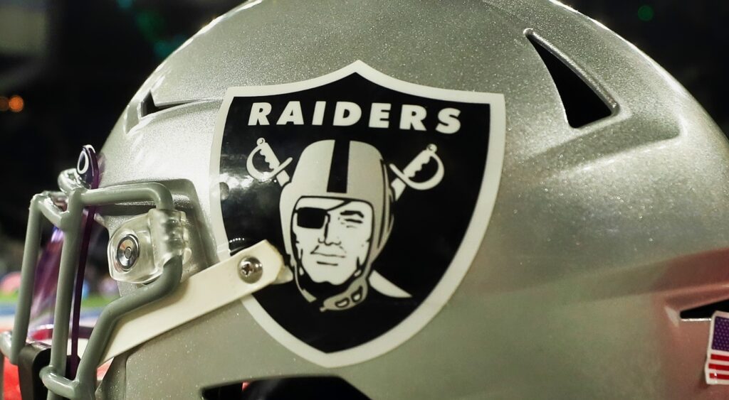 A closeup of a Raiders helmet.