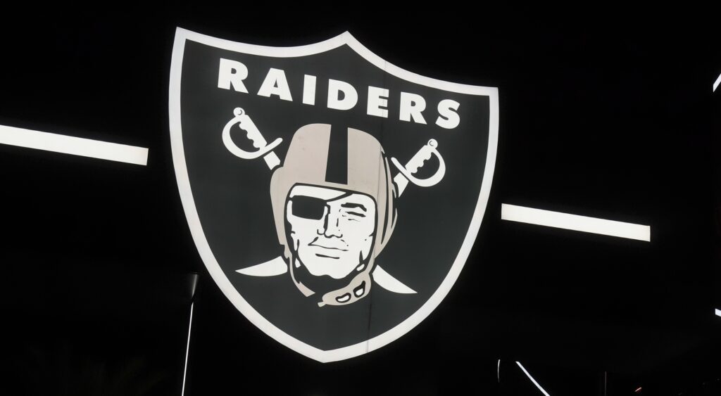 The Raiders logo on a marquee outside Allegiant Stadium.