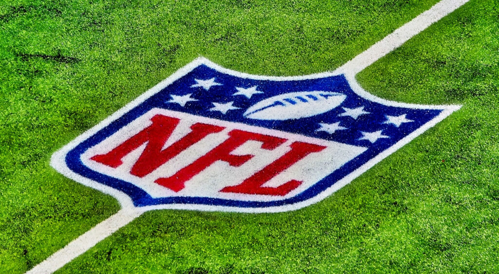 NFL logo shown on field of SoFi Stadium in Inglewood, California.