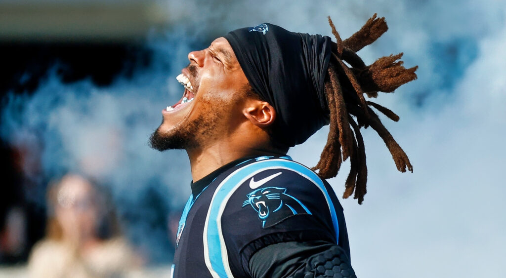 Cam Newton yelling while in uniform