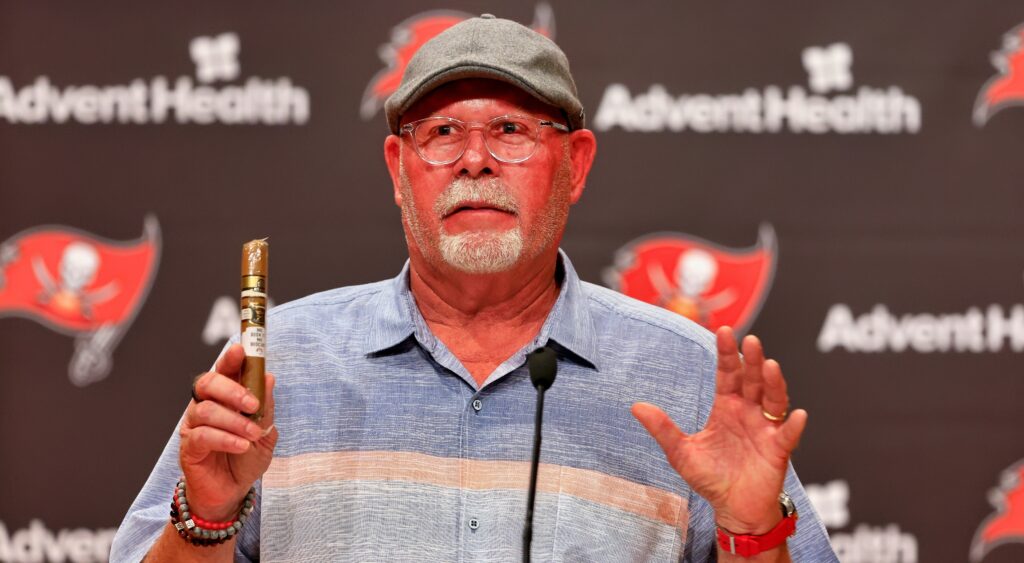 Bruce Arians speaks at a press conference.