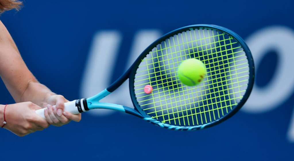 Simona Halep's hands around a tennis racket
