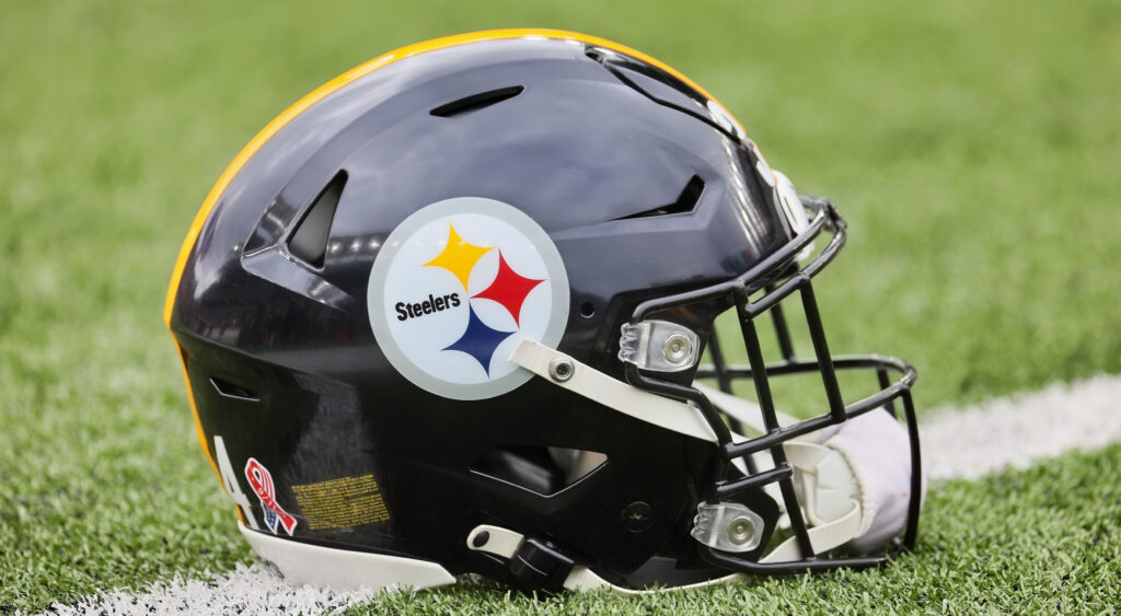 A Pittsburgh Steelers helmet shown on field at Paycor Stadium.