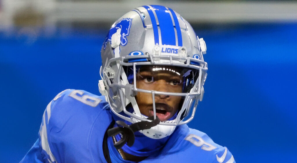 Detroit Lions' wide receiver Jameson Williams looking on during game.