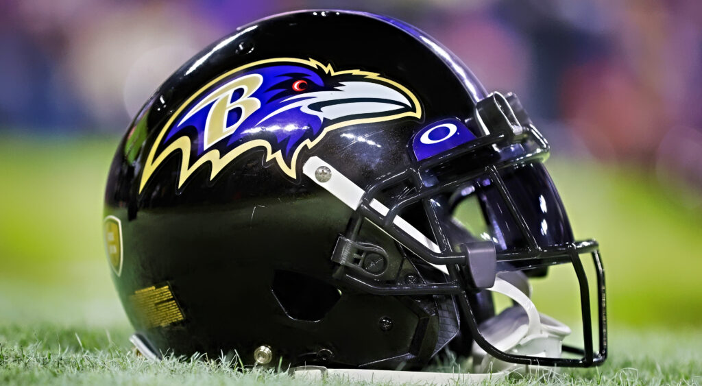Baltimore Ravens helmet on field.