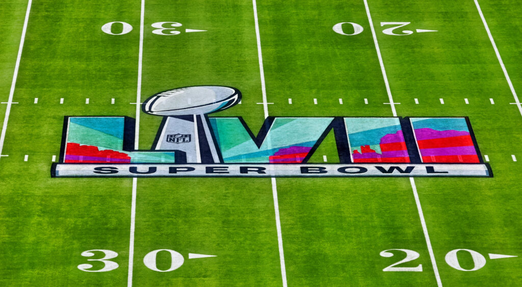 Super Bowl 58 logo shown on field in Glendale, Arizona.