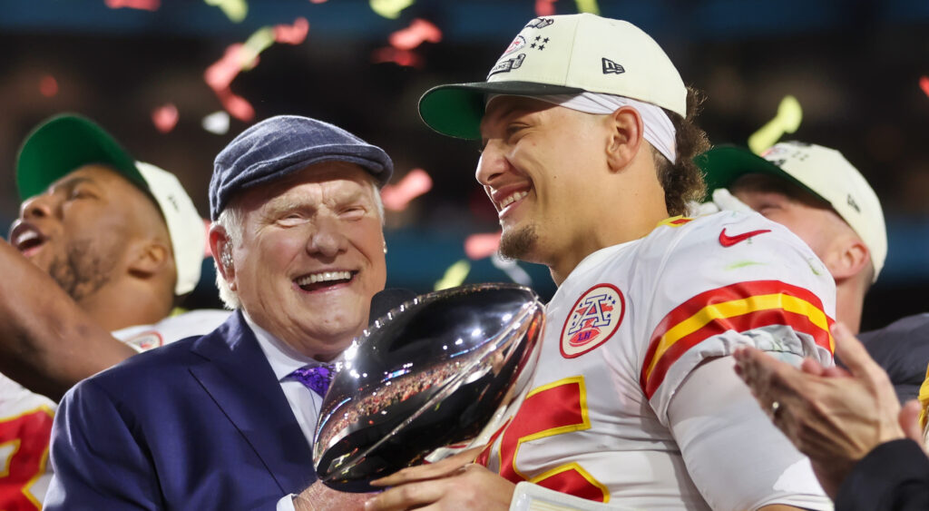 Terry Bradshaw and Patrick Mahomes with the Super Bowl trophy.