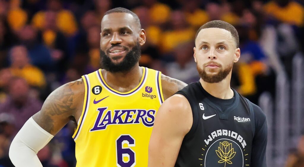 LeBron James and Steph Curry look on during a game.